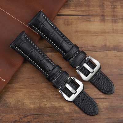 24mm custom logo polished brushed buckle black handmade real leather bamboo pattern watch straps with length 140+90mm